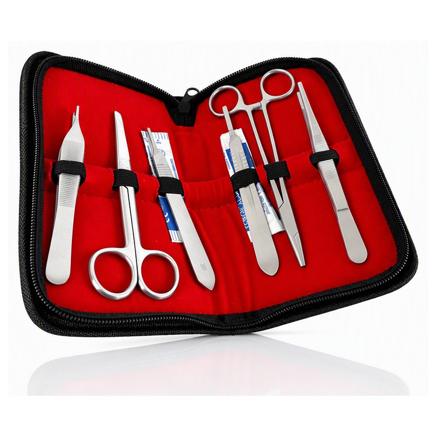 MediStitch instrumenten kit - naaldvoerder, schaar, pincetten en scalpels in vegan leren mapje